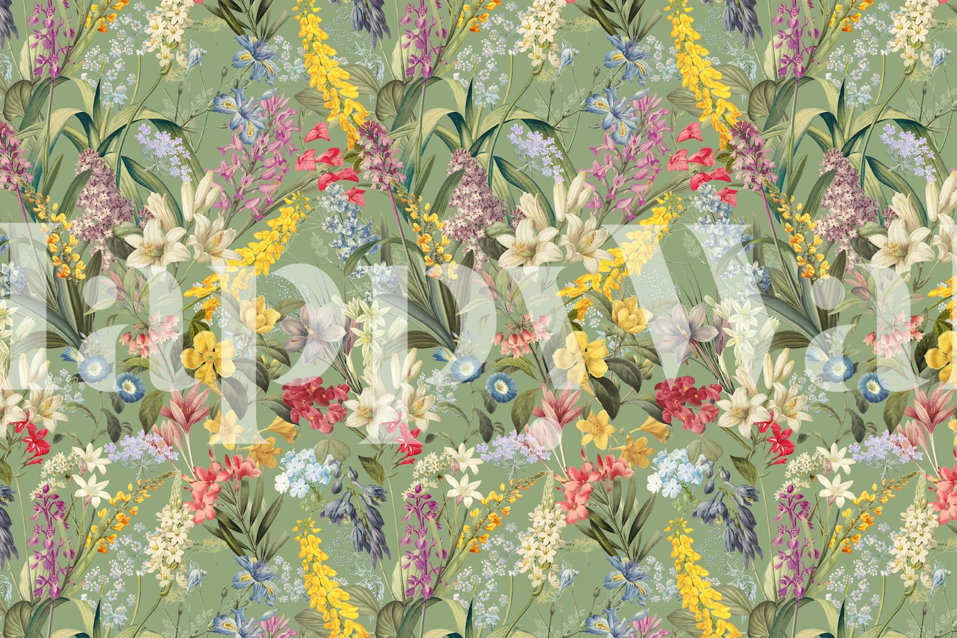 Floral wallpaper featuring various colorful flowers against a green background