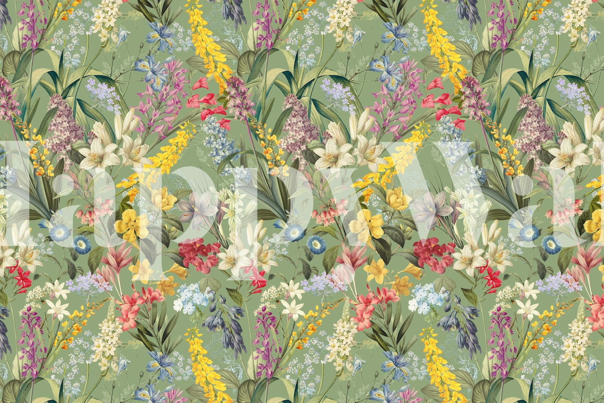 Floral wallpaper featuring various colorful flowers against a green background