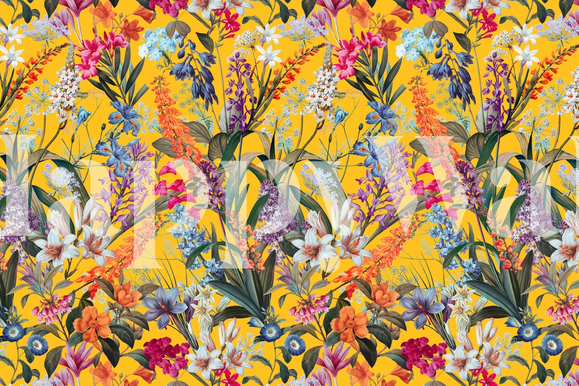 Colorful floral patterns on a yellow background wallpaper