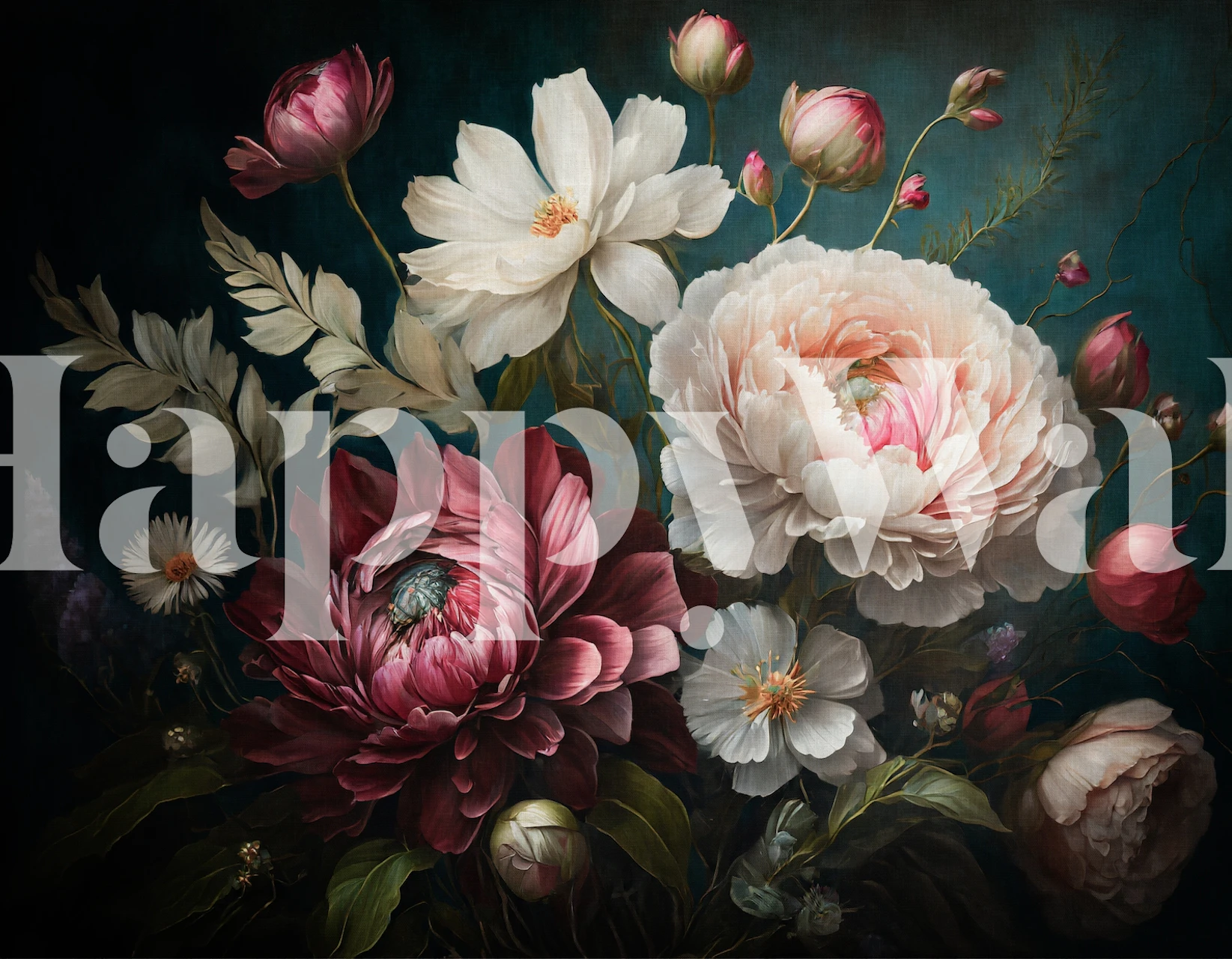 Baroque floral wallpaper featuring peonies and daisies in pink, white, and green.