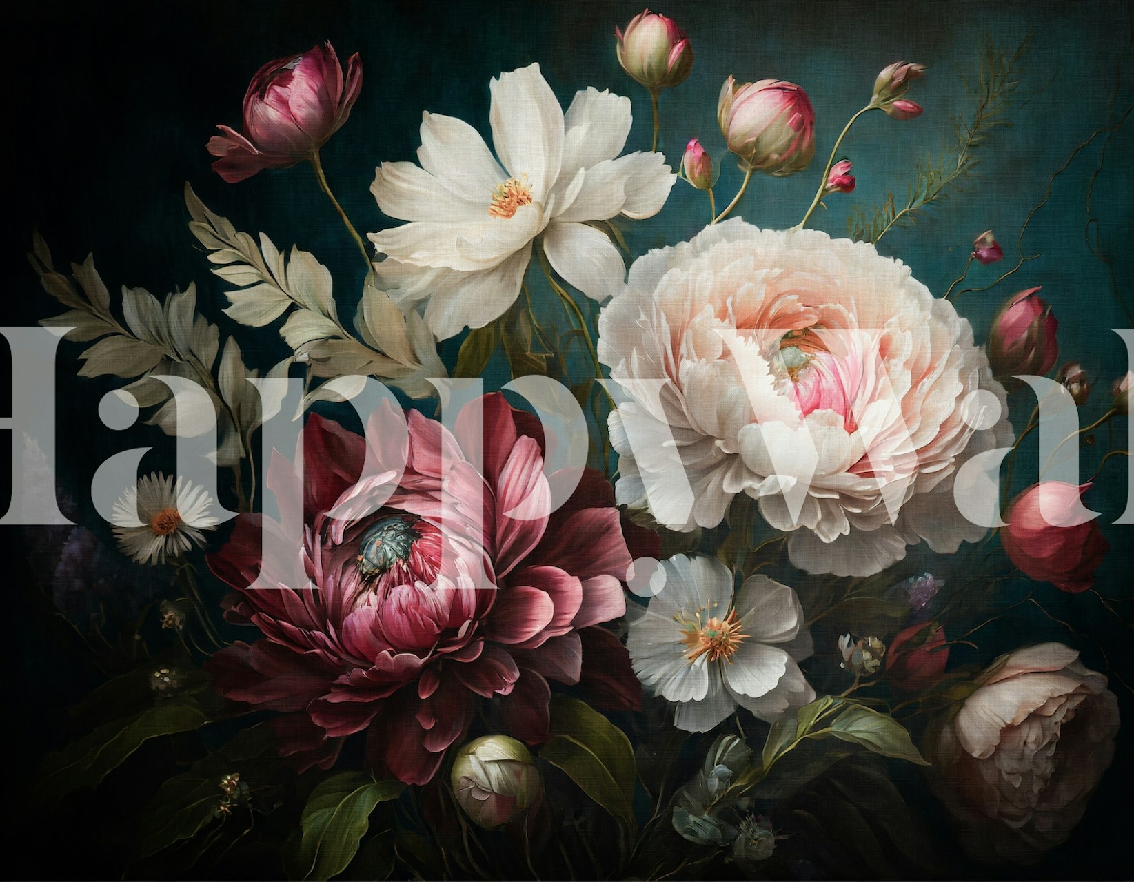 Colorful baroque flower wallpaper with dark green background
