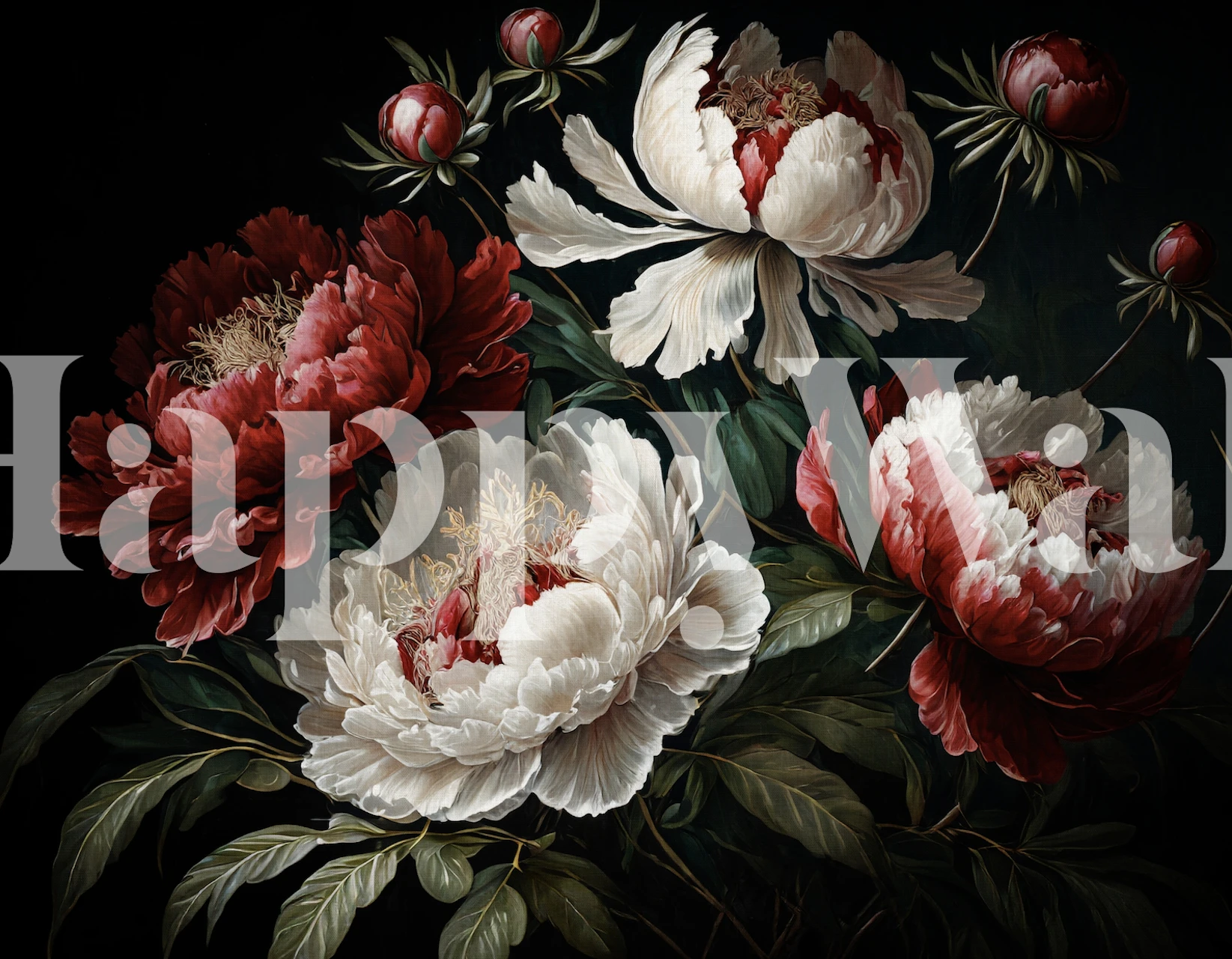 Red and white baroque peonies wallpaper design