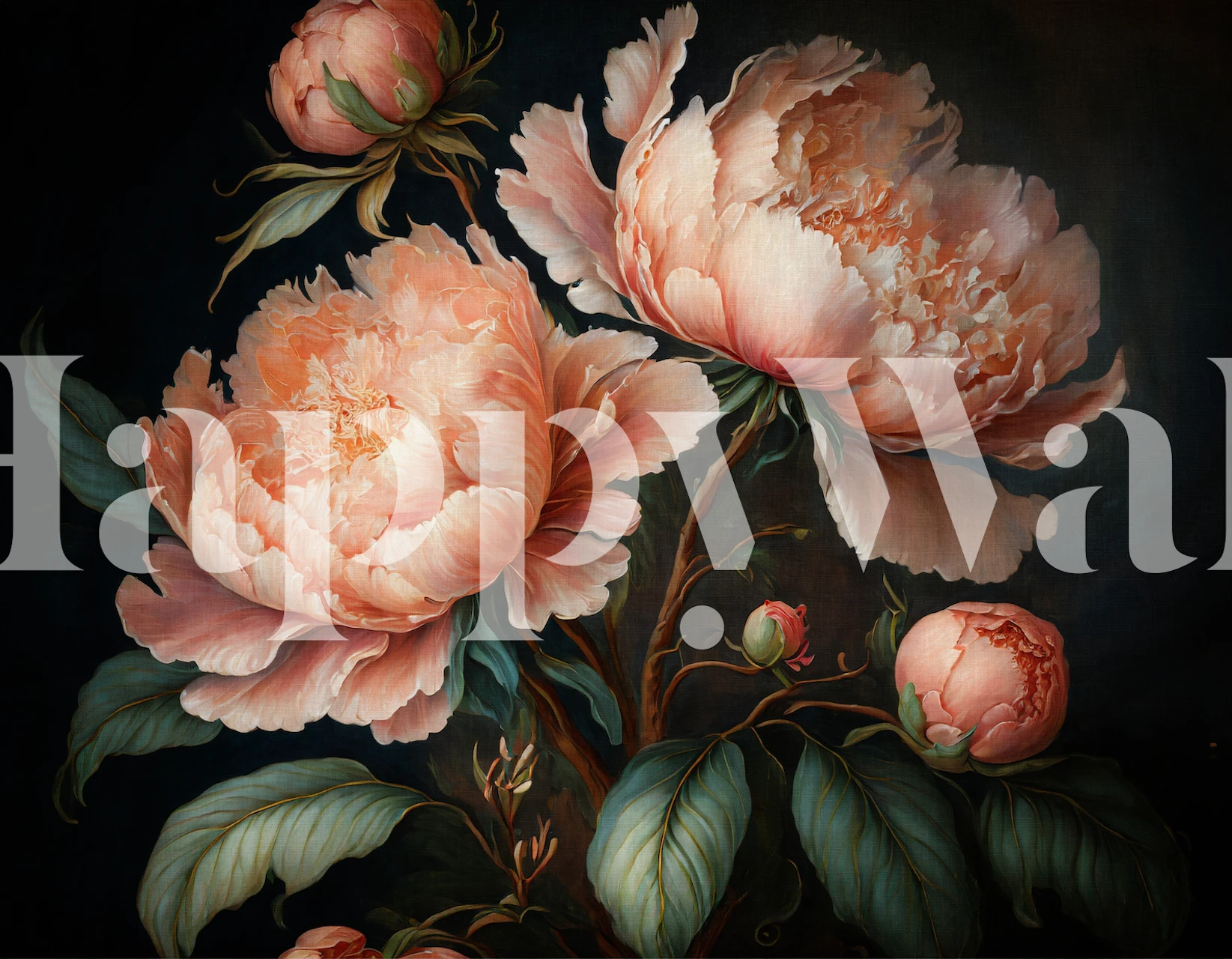 Baroque-style blush peonies with dark background wall mural