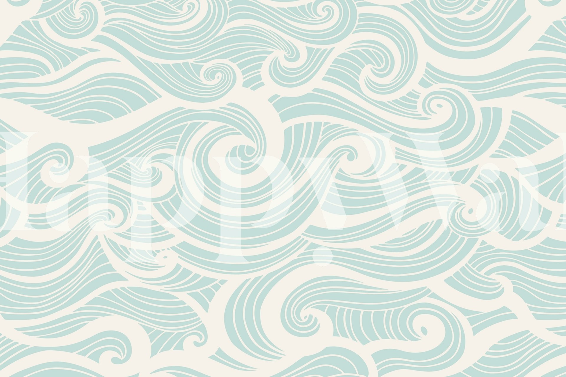 Abstrakti valtameren aallot -kuvioinen seinämaalaus sinisen ja valkoisen sävyissä välittäen liikettä ja tyyneyttä.