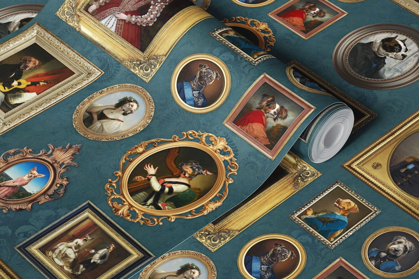 Dog Lovers Portrait Collection in teal blue wallpaper roll