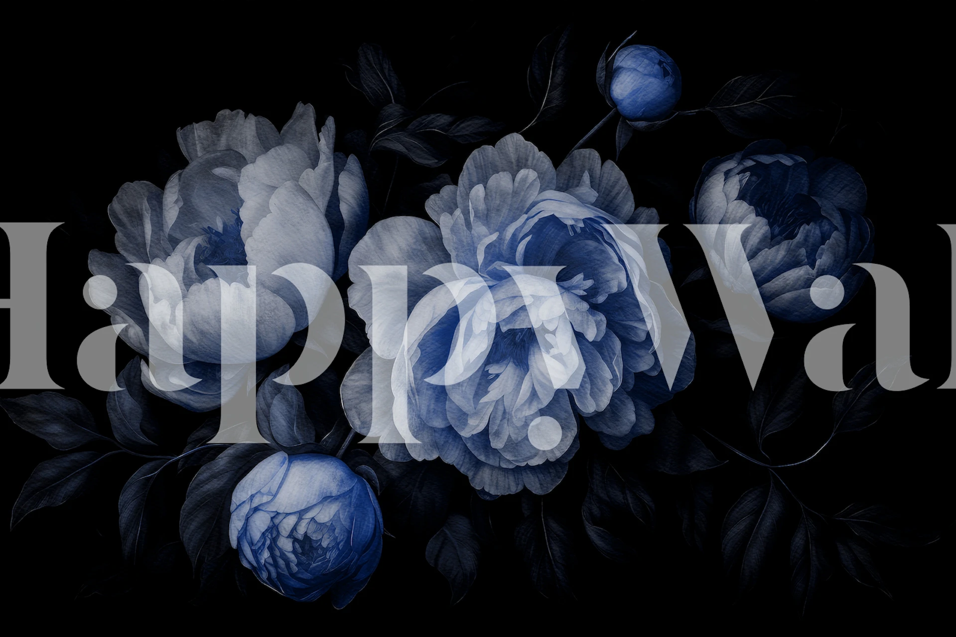 Blue peonies in a dark, Baroque-style floral wall mural