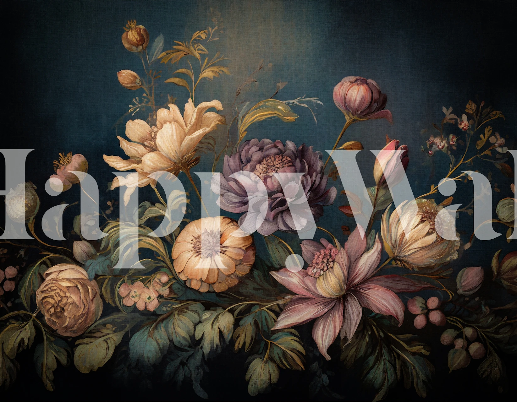 Baroque floral wallpaper with assorted flowers in pink and cream on a dark background