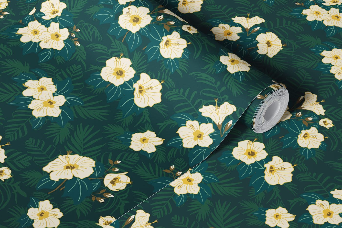 Jungle Hibiscus - White Flowers on Deep Green wallpaper roll