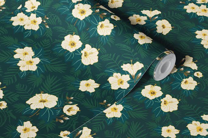 Jungle Hibiscus - White Flowers on Deep Greenwallpaper roll