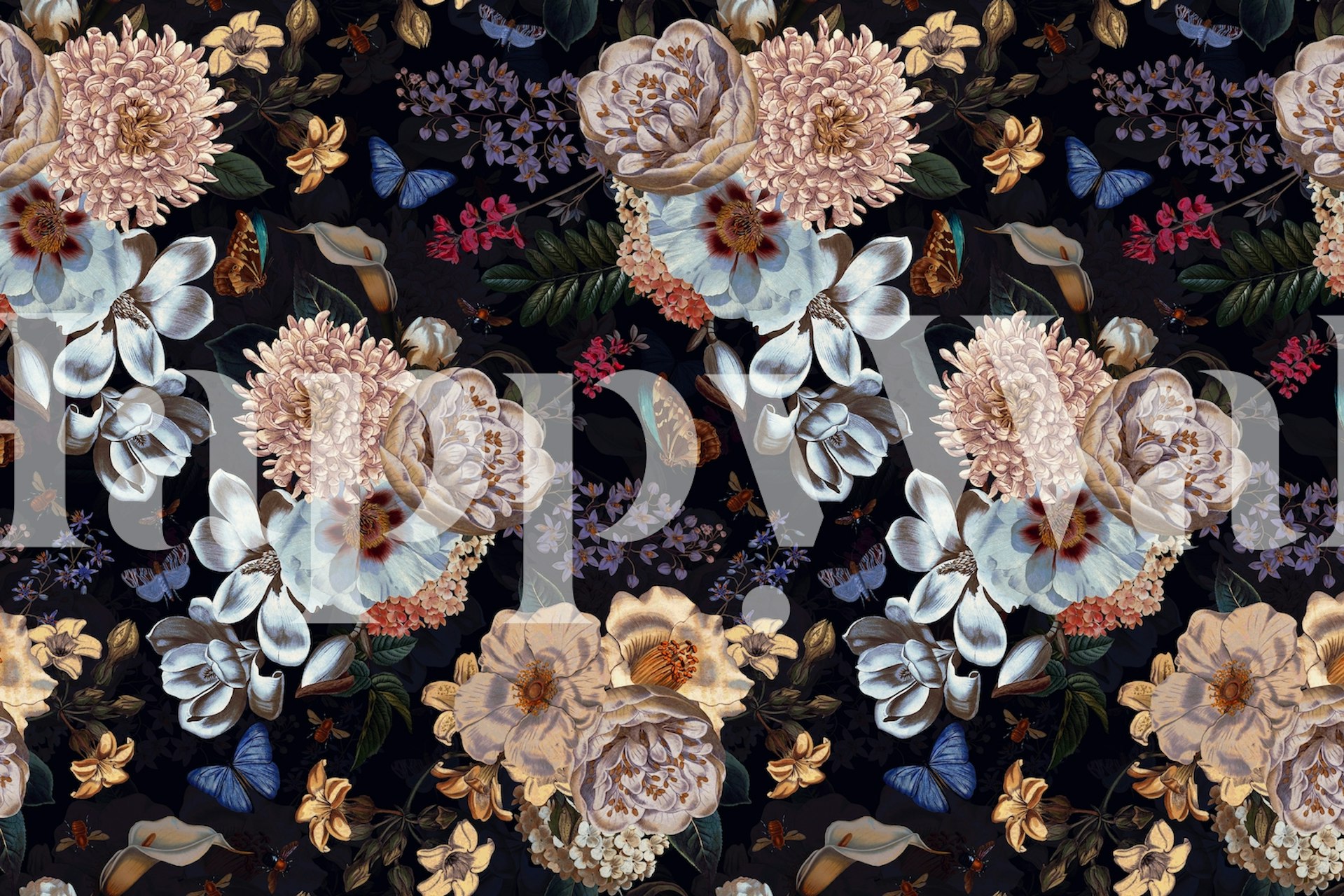 Luxueuse fresque murale de jardin de pivoines de minuit avec un fond sombre et de riches couleurs florales