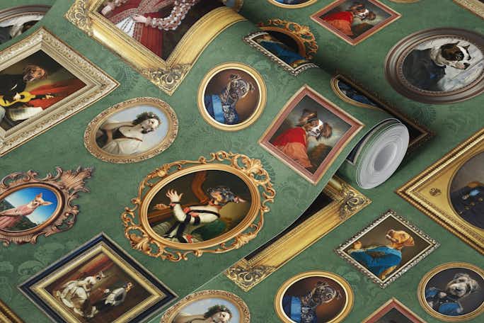 Dog Lovers Portrait Collection in sage greenwallpaper roll