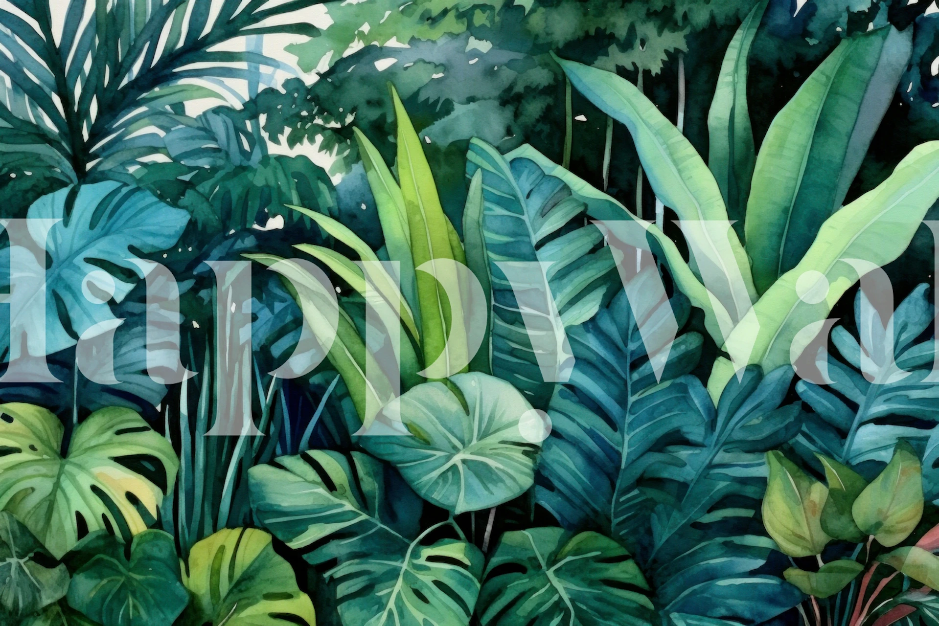 Lush green tropical rainforest jungle wall mural with dense foliage