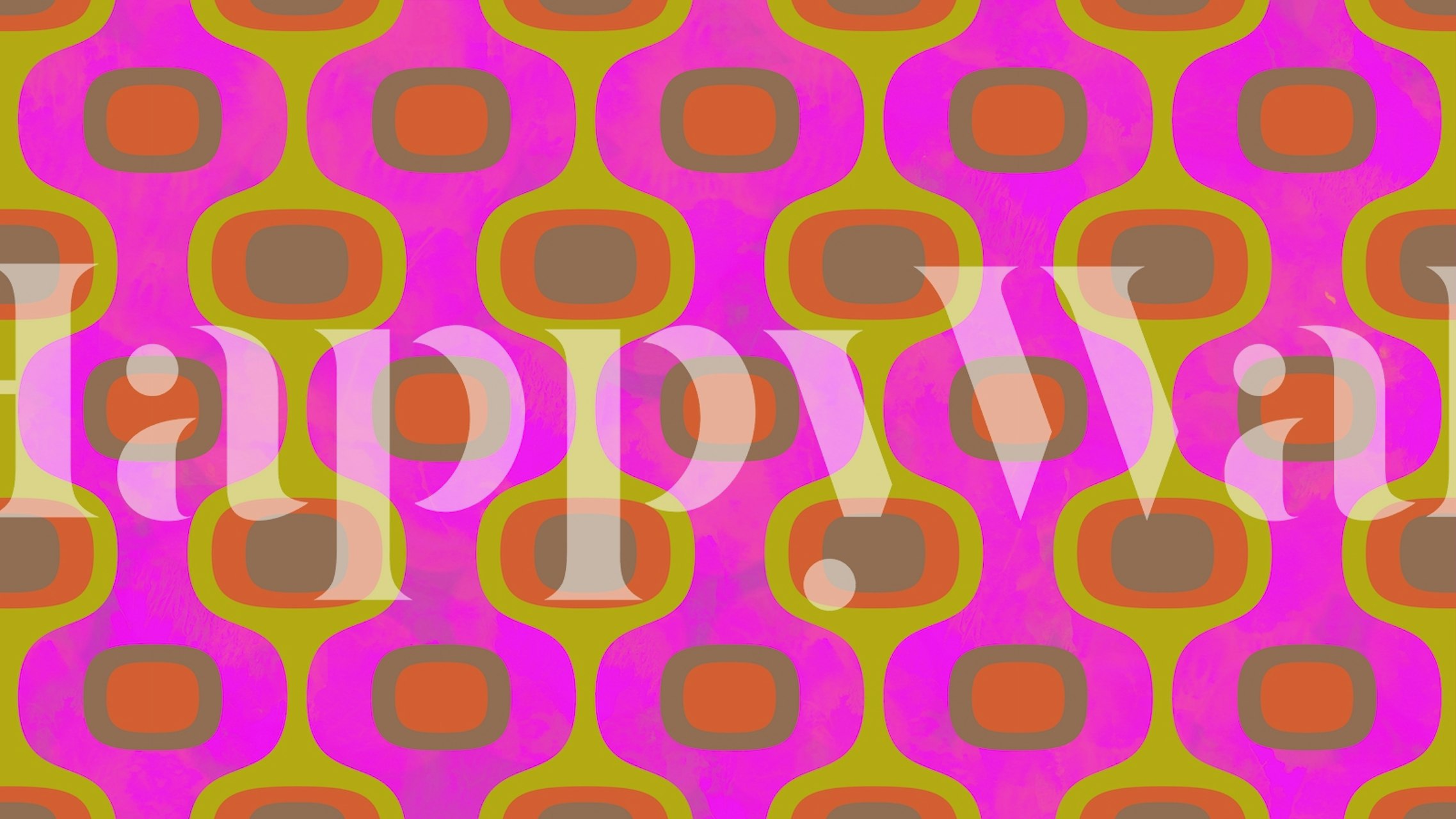 Mid-Century Neon Abstract wall mural with neon pink and muted gold shapes on a purple background.