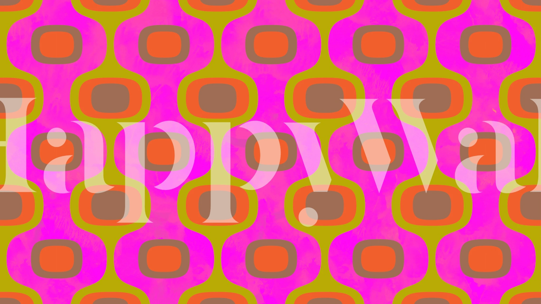 Abstraktes Mid-Century-Neon-Wandbild mit neonpinken und gedeckten Goldformen auf violettem Hintergrund.