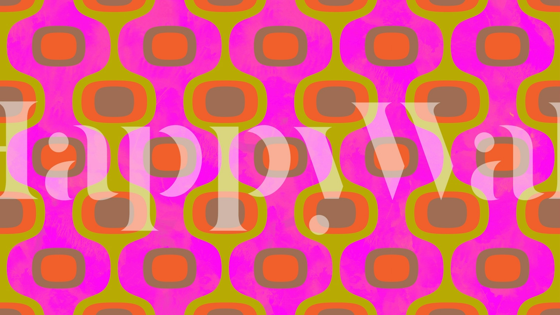 Mid-Century Neon Abstract wall mural with neon pink and muted gold shapes on a purple background.