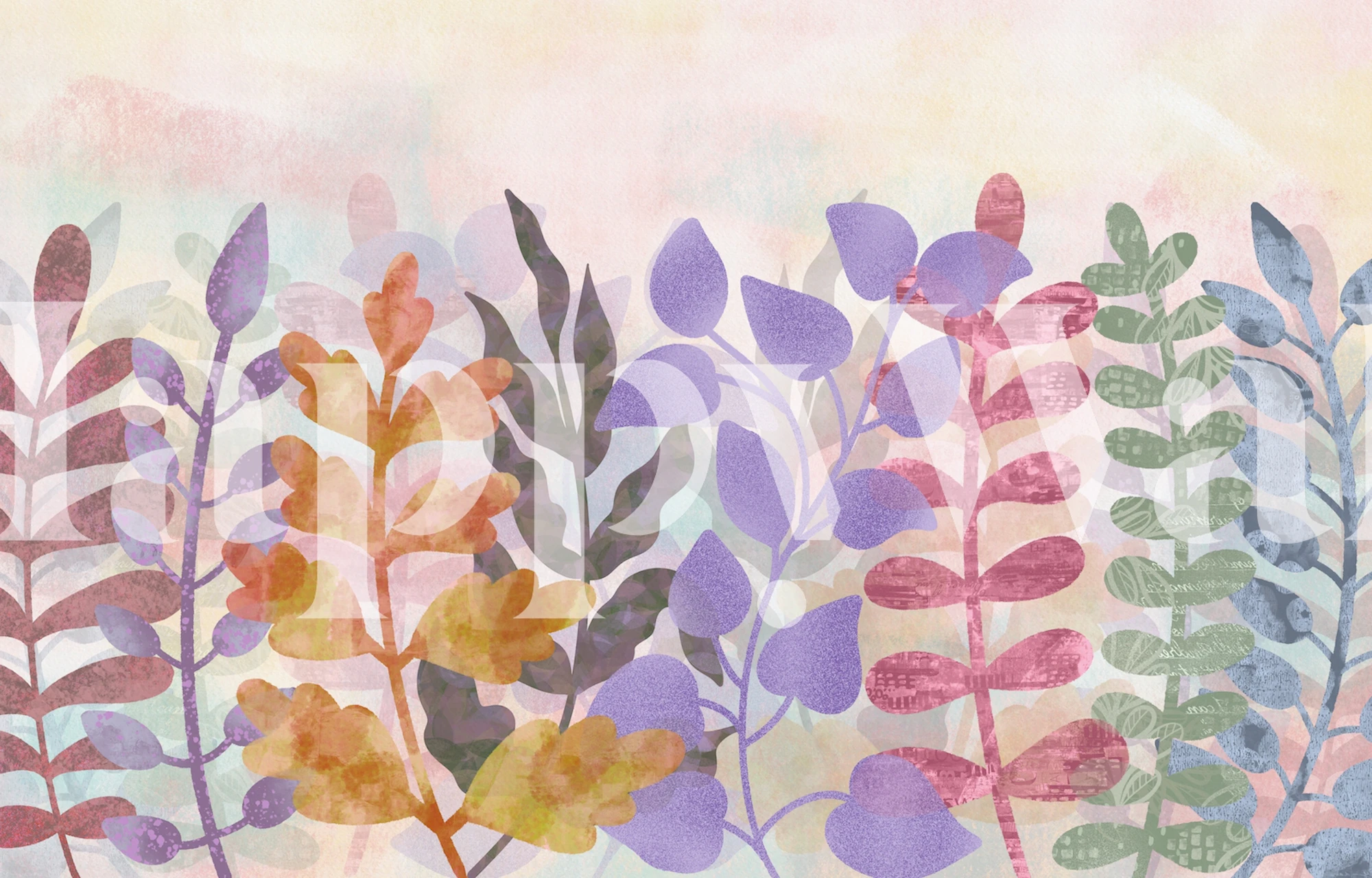 Colorful watercolor leaves in purple, green, orange, and pink wallpaper