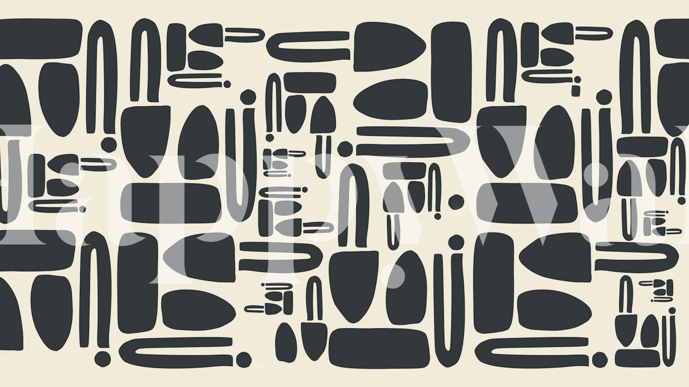 Abstrakte former fra midten af århundredet i sort på et neutralt vægmaleri