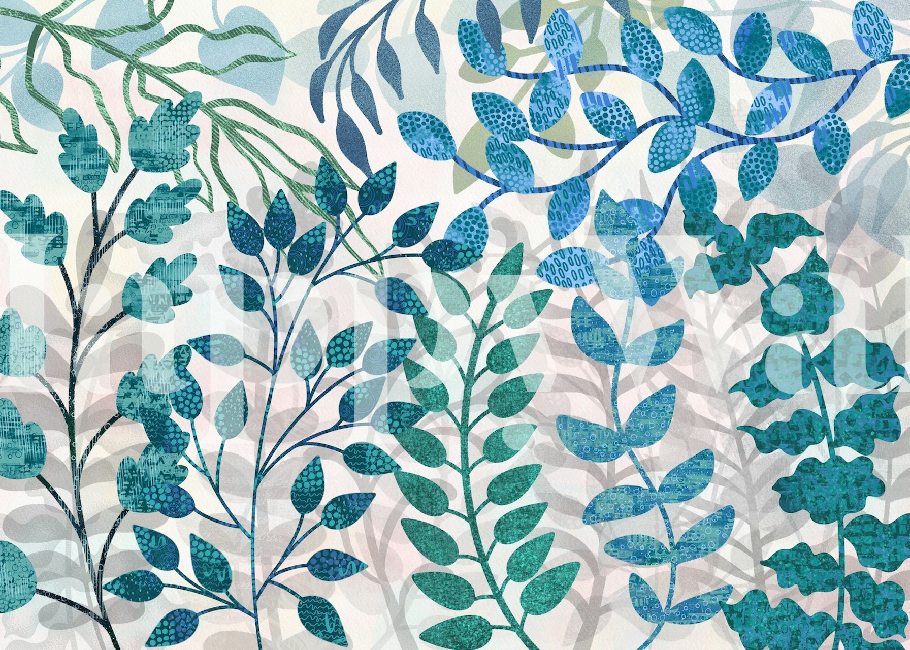 Tropical leaves in shades of green and blue wallpaper