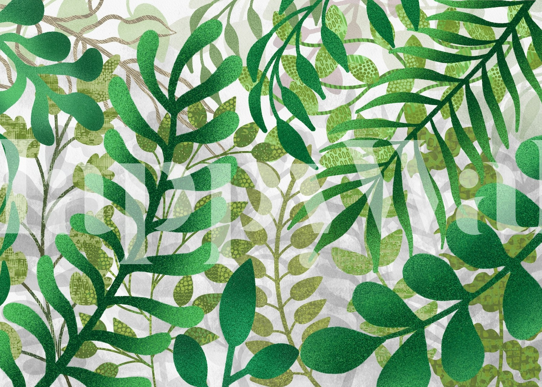 Green leaves and vines in various shades on white background wallpaper