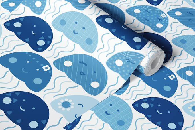 Cute Jellyfish - Monochrome Blue 2wallpaper roll