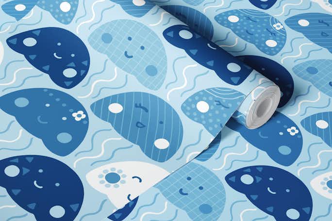 Cute Jellyfish - Monochrome Blue 1wallpaper roll
