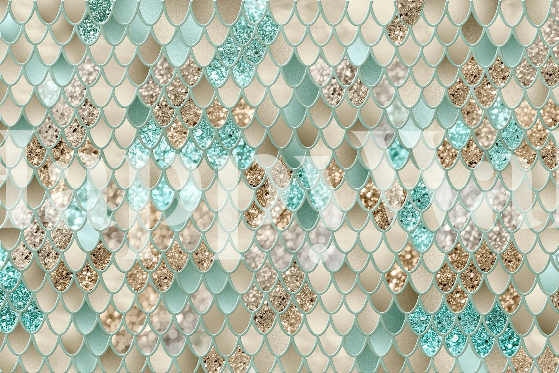 Mint green and gold mermaid scales pattern wallpaper