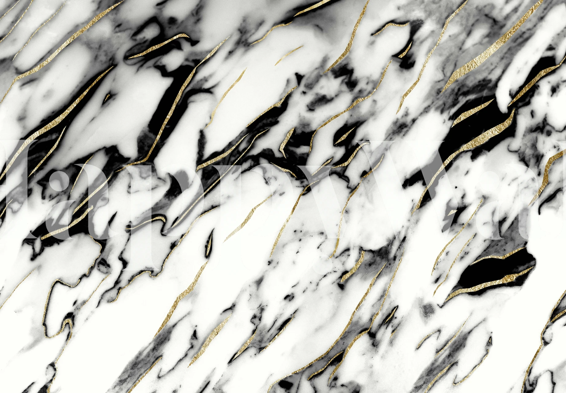 White marble wallpaper with black and gold veining, modern design