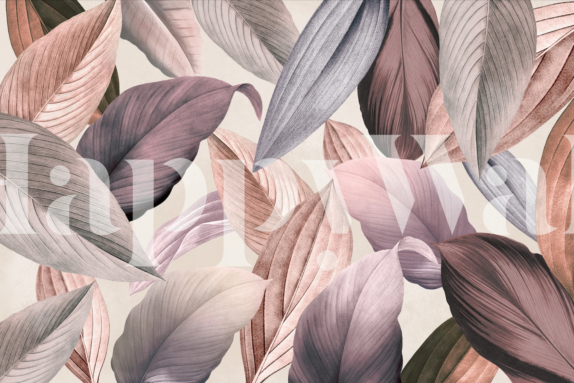 Tropical leafy wallpaper in shades of mauve, pink, and beige with a smooth texture.
