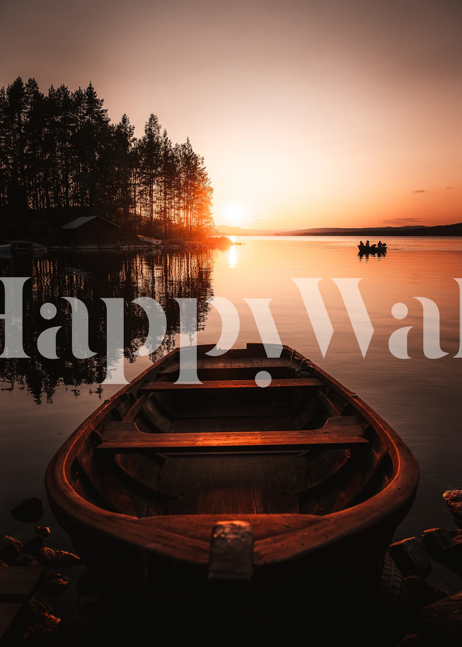 Boat on calm water at sunset with trees reflecting wallpaper