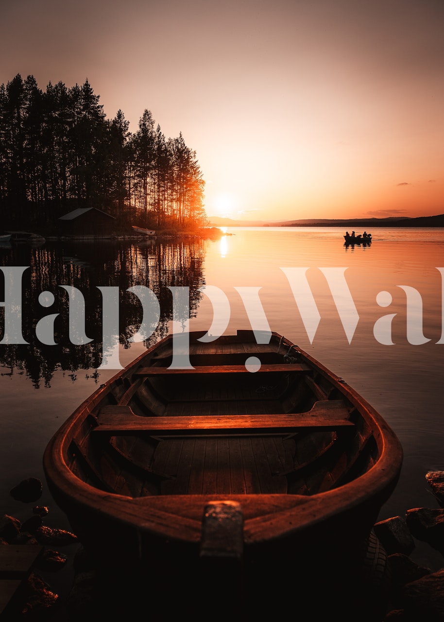 Boat on calm water at sunset with trees reflecting wallpaper