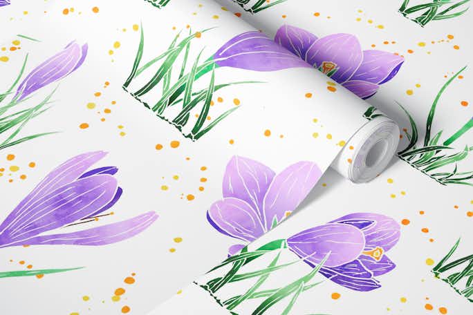Field of purple crocus flowerswallpaper roll