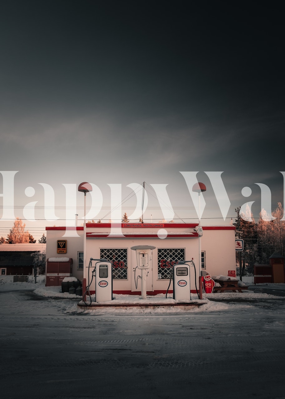 Vintage gas station with white and red details, retro style wallpaper