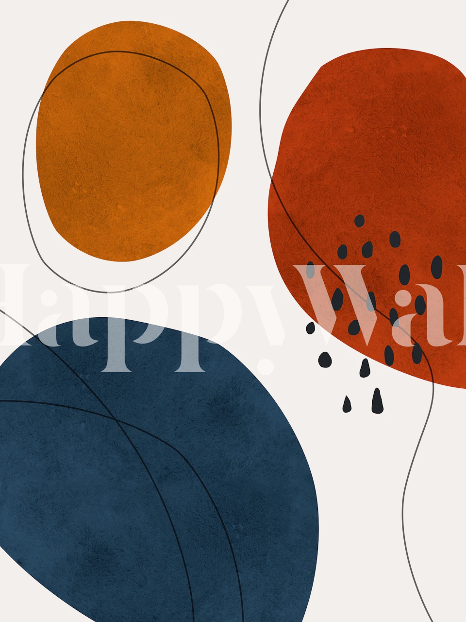 Abstract shapes in blue, orange, and black on cream wallpaper