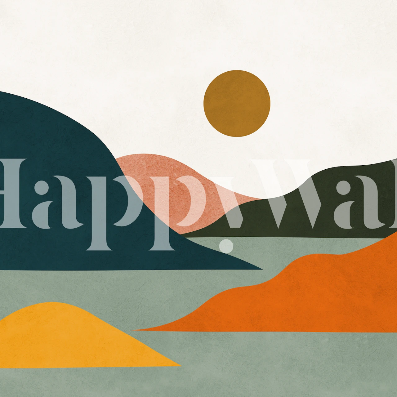 Akwarelowa fototapeta z krajobrazem z abstrakcyjnymi wzgórzami, słońcem i jeziorem