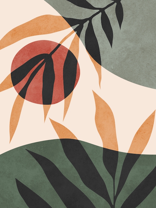 Botanical Abstract Wallpaper with Green and Orange