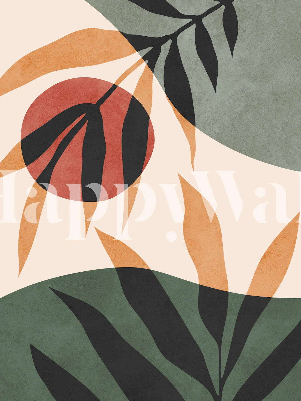 Botanical abstract wallpaper featuring green, orange, and neutral tones