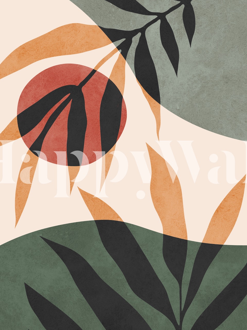 Botanical abstract design with earthy leaves and red circles wallpaper