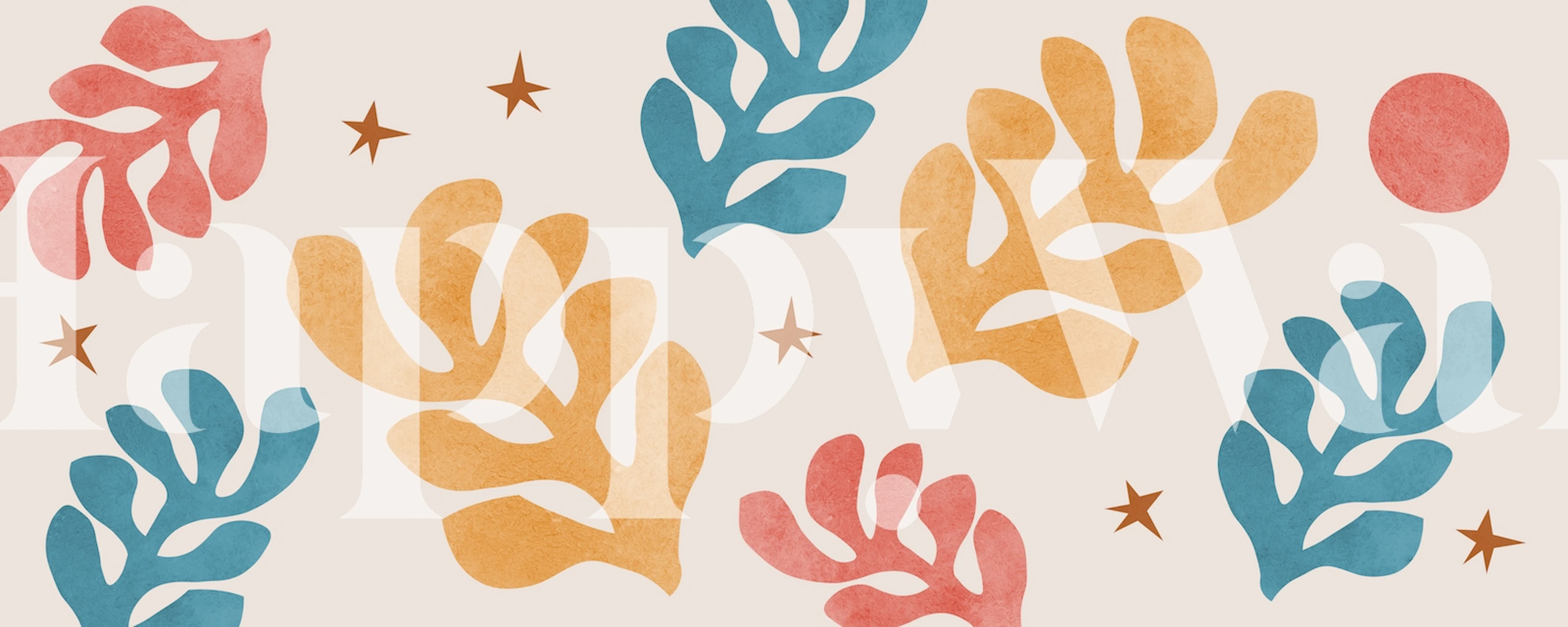 Colorful botanical leaf wallpaper with pink, blue, and orange shapes