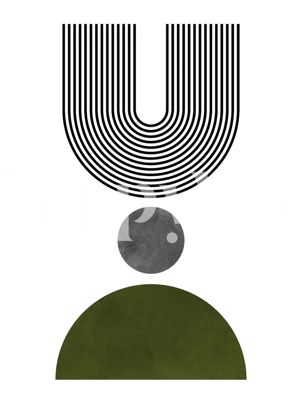 Fotomural de líneas y círculos abstractos con formas negras, grises y verdes