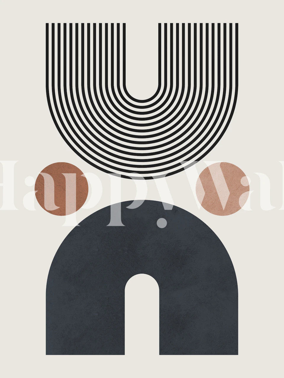 Fotomural abstracto con diseño de líneas negras y círculos en tonos tierra