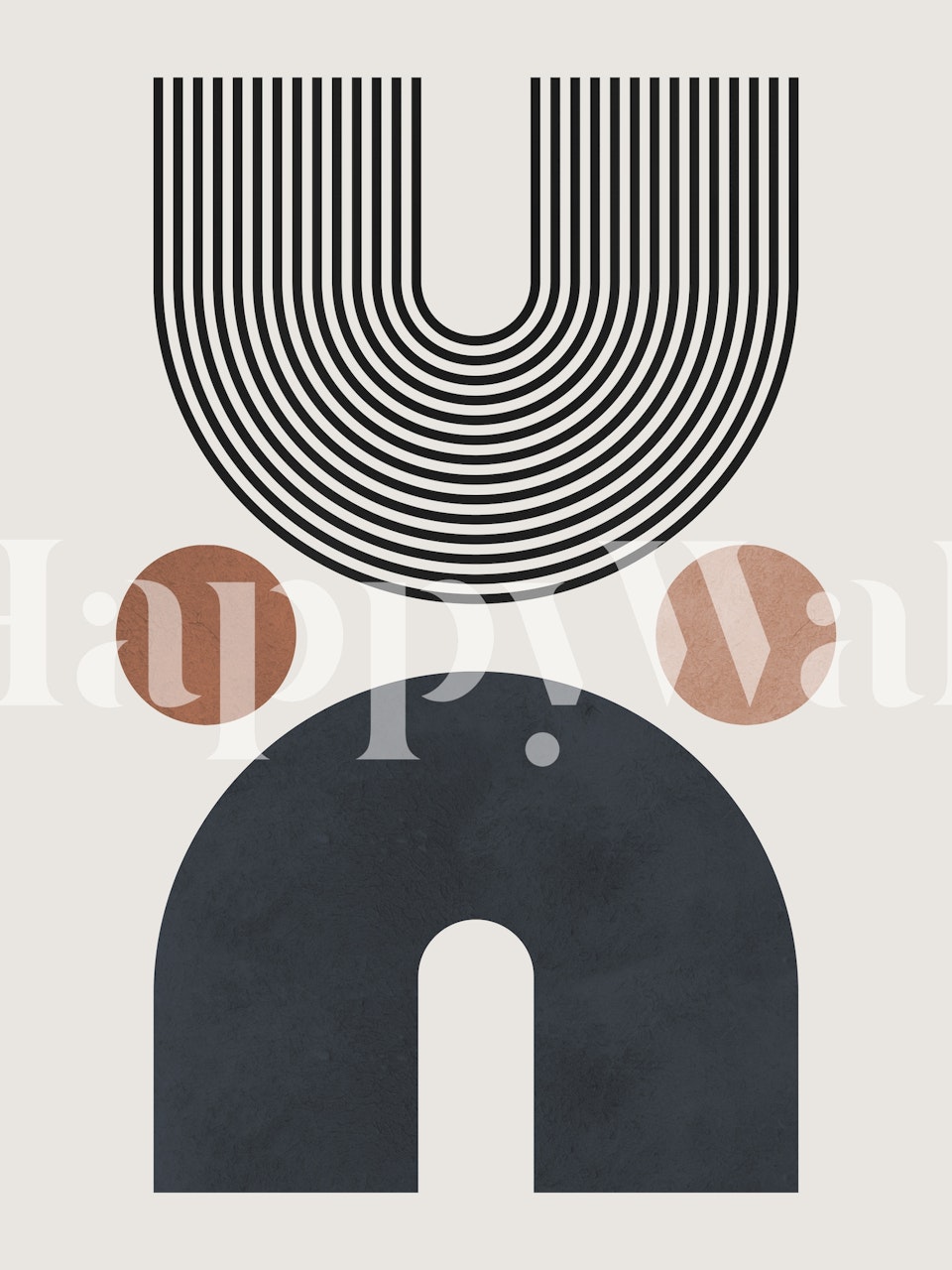 Abstraktní nástěnná malba s černými čarami a designem kruhů v zemitých tónech