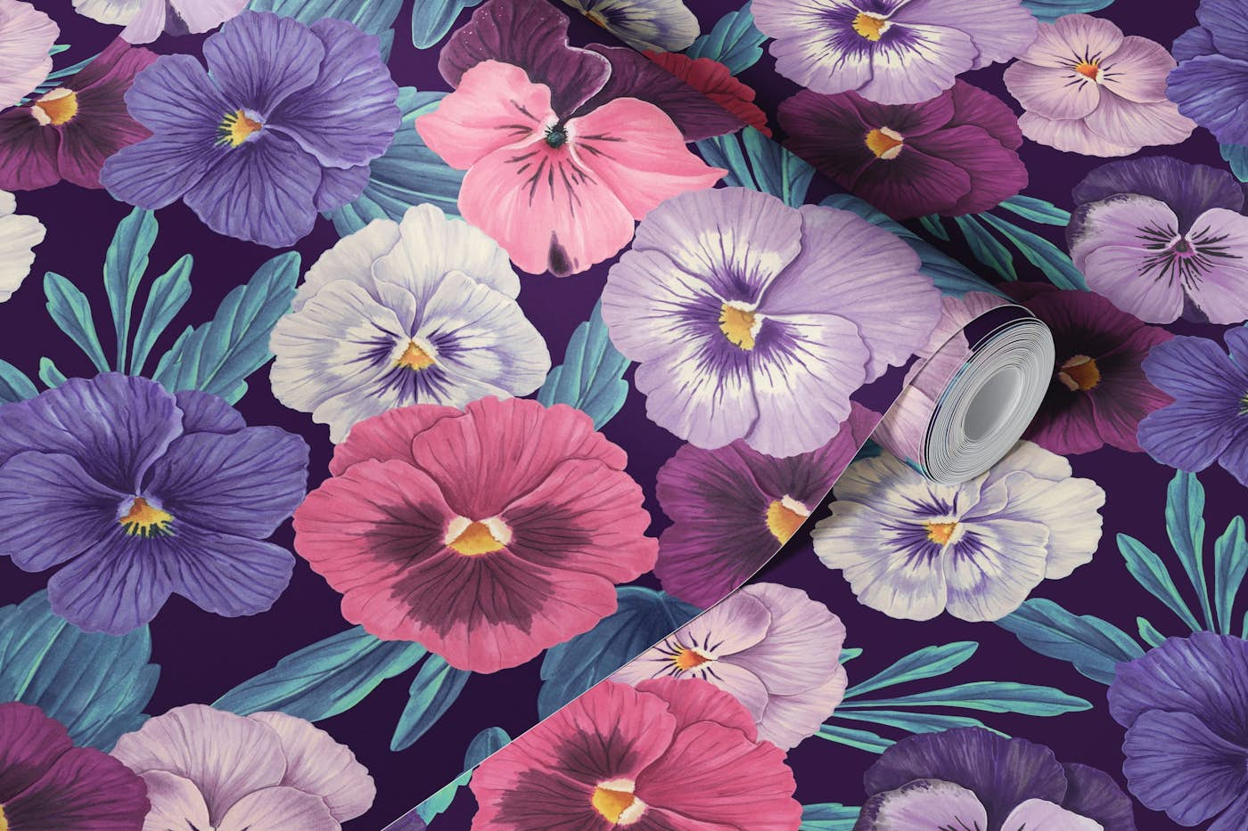 Colorful pansies on deep violet wallpaper roll