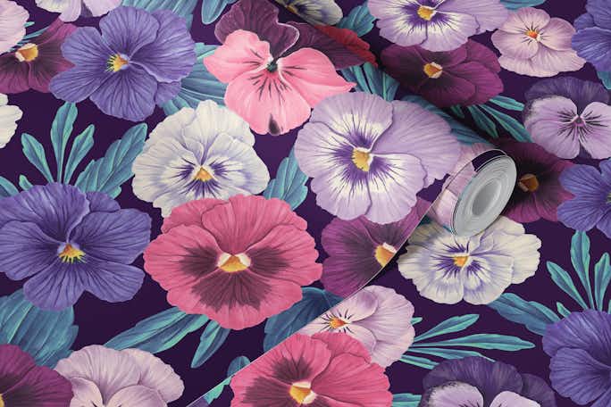 Colorful pansies on deep violetwallpaper roll