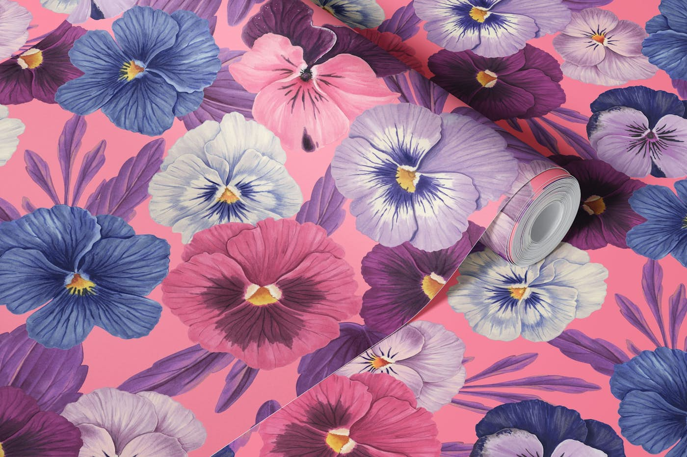 Colorful pansies on candy pink wallpaper roll