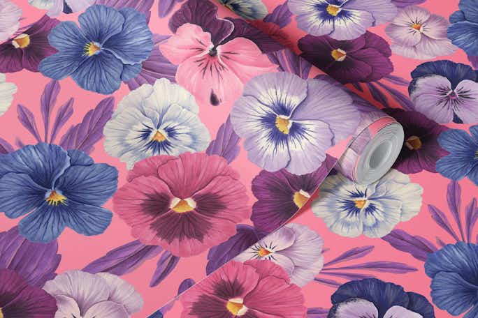 Colorful pansies on candy pinkwallpaper roll