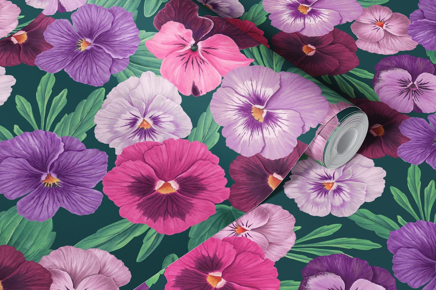 Colorful pansies on dark greenish blue wallpaper roll