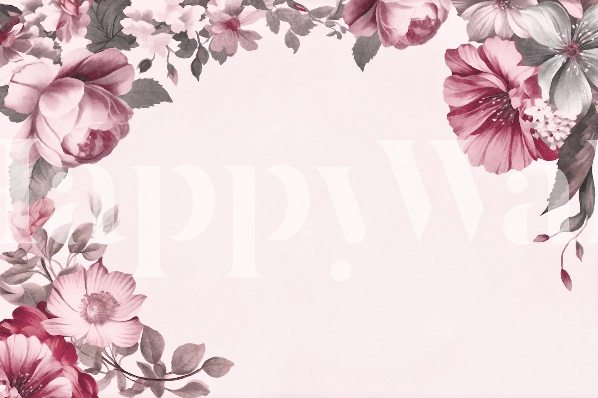 Pastellyserøde akvarelblomster vægmaleri med finurligt blomsterdesign