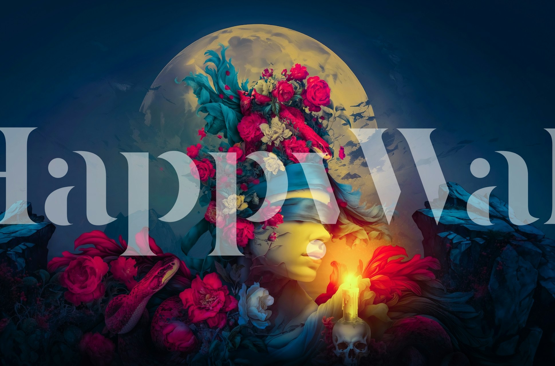 Mystical figure with florals against moon wallpaper