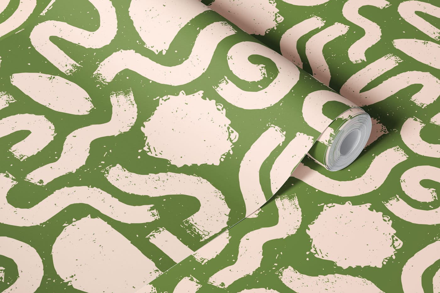 Painted Shapes Green and Cream Pattern wallpaper roll