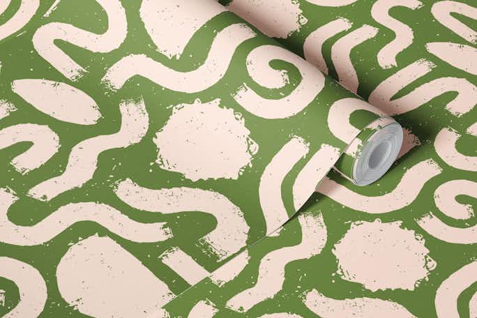 Painted Shapes Green and Cream Patternwallpaper roll